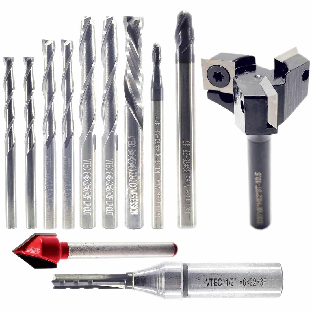 Features Cnc router bit Starter kit for DIY and smaller production cnc routers.